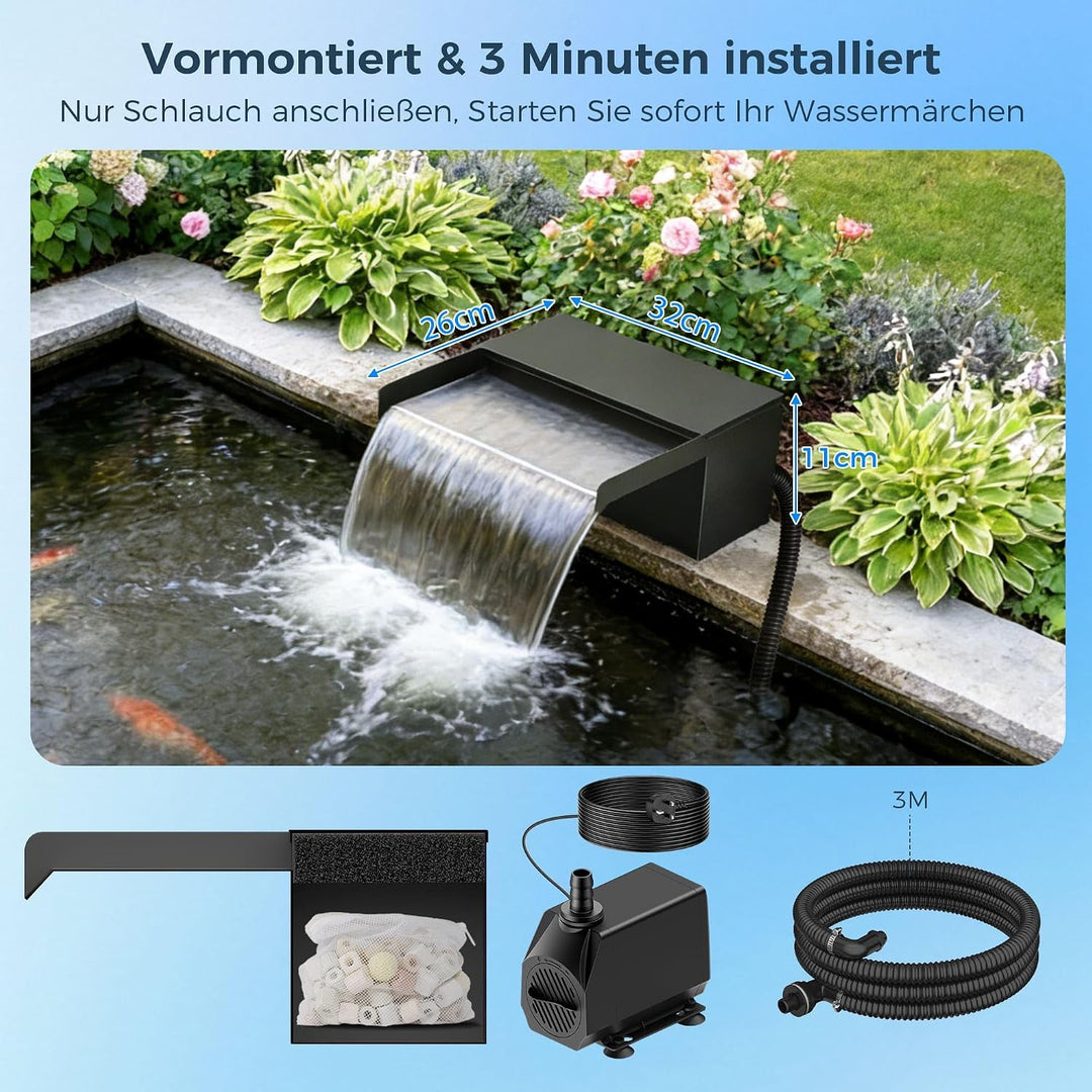 Biling 30cm 2500l/h Wasserfall Teich mit Filter für Gartenteiche bis 5000L | Edelstahl-Wasserfall fü