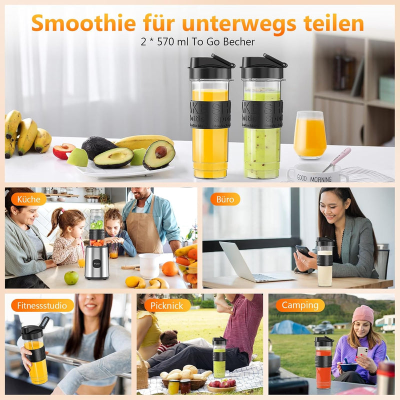 Mixer, Smoothie Maker, Standmixer, 500W Smoothie Mixer mit 2x570ml Smoothie Flaschen BPA frei Tritan