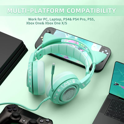 Somic G951S Green Gaming Headset mit Mikrofon für PS4, PS5, Xbox One, PC, Cat Ear Kopfhörer über Ohr