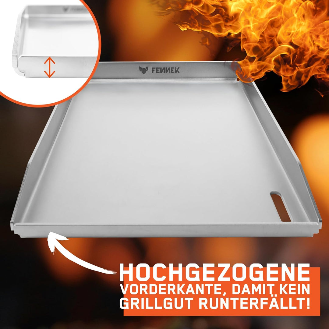 FENNEK Plancha 40 x 30 cm Teppanyaki Grillplatte mit Vorderkante & grossem Ablaufloch | 4,0 mm Edels