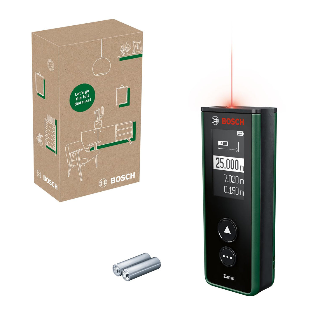 Bosch Laser-Entfernungsmesser Zamo der 4. Generation (einfaches und präzises Messen bis 25 m, Akkus