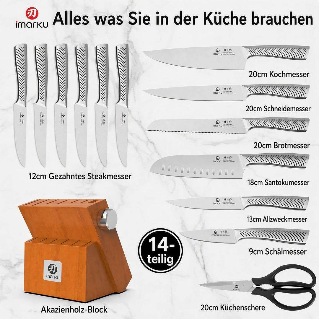 imarku Messerblock mit Messer, 14-TLG hochwertige Küchenmesser, scharfes japanisches Messerset mit H