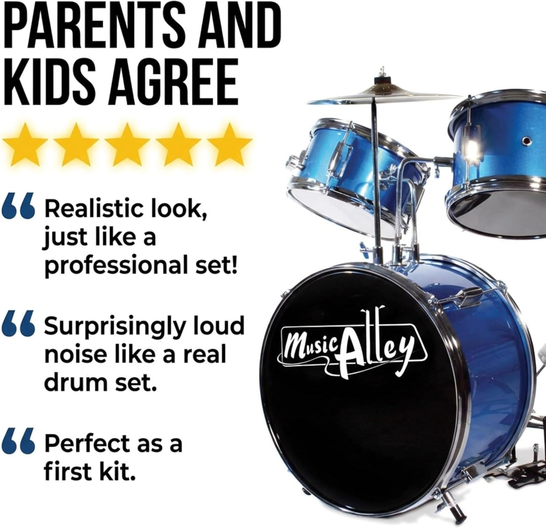 Music Alley Junior Drum Kit for Kids with Kick Drum Pedal, Drum Stool & Drum Sticks - Blue Blue Sing