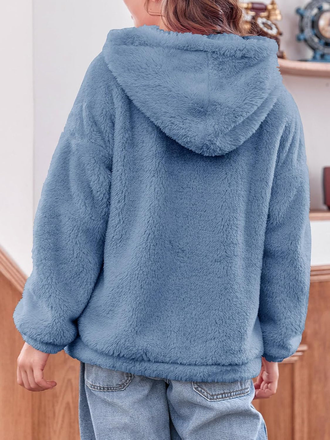 Haloumoning Mädchen Fleece Jacken Kinder Weich Fuzzy Kapuzenpullover Winter Coat Jacke 9-10 Jahre Bl