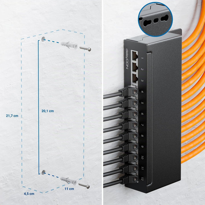 deleyCON CAT 6a Patchpanel Verteilerfeld 12 Port - Desktop &amp; Wandmontage Geschirmt 12x RJ45 Buchse -