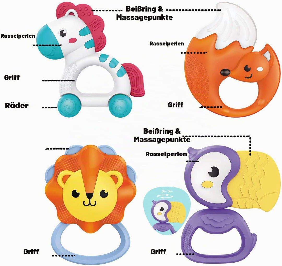 fiouni Rassel-Beissring-Set Babyspielzeug Greifspielzeug Baby ab 0 3 6 9 12 Monate für Jungen Mädche