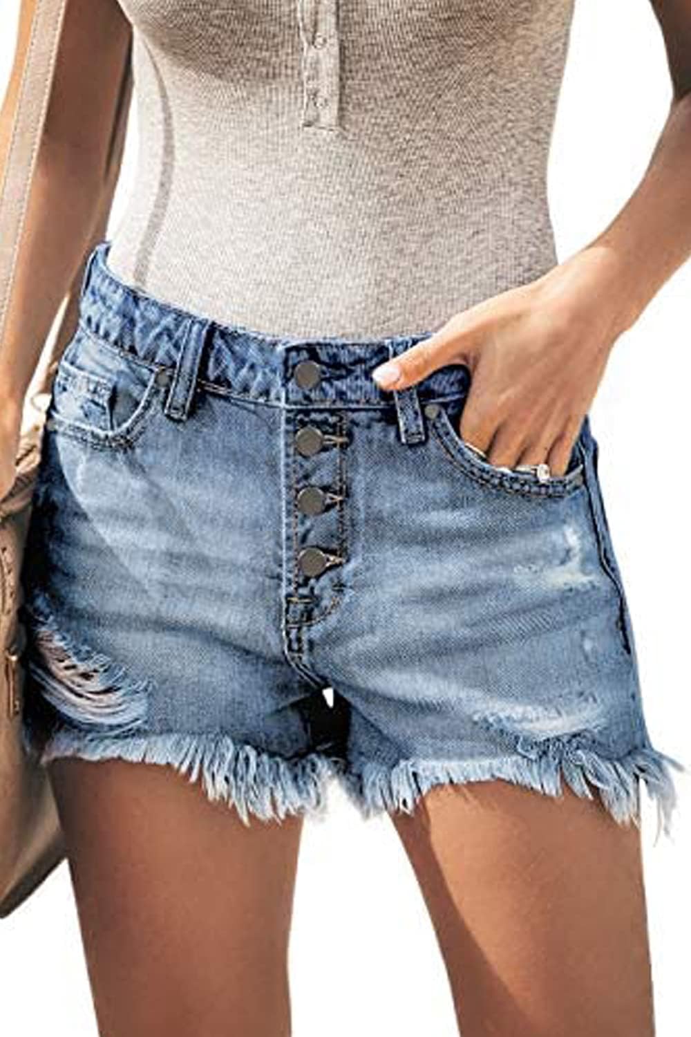 Necooer Damen Casual Ripped Denim Shorts Mittlere Taille Kurze Jeanshose mit Taschen S Blau 03, S Bl