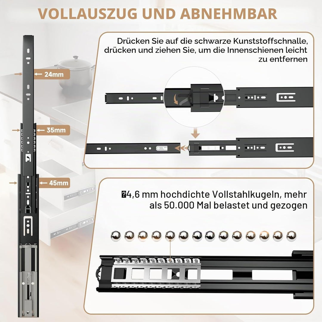 AOLISHENG push to open schubladenschienen vollauszug 450mm küche schubladenführung teleskopschienen