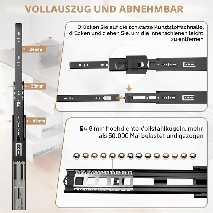 AOLISHENG push to open schubladenschienen vollauszug 450mm küche schubladenführung teleskopschienen