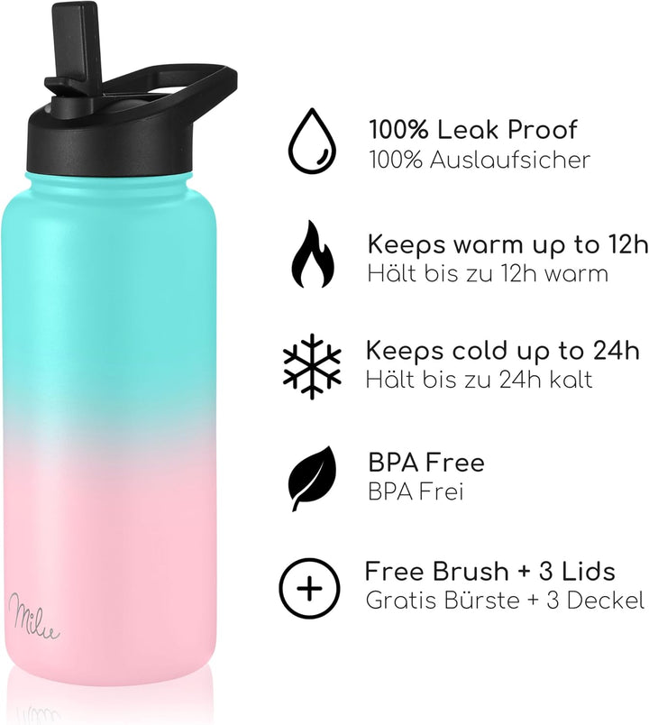 Milu Edelstahl Trinkflasche 500ml, 750ml, 1000ml (+3 Deckel) - Thermosflasche mit Strohhalm, Isolier