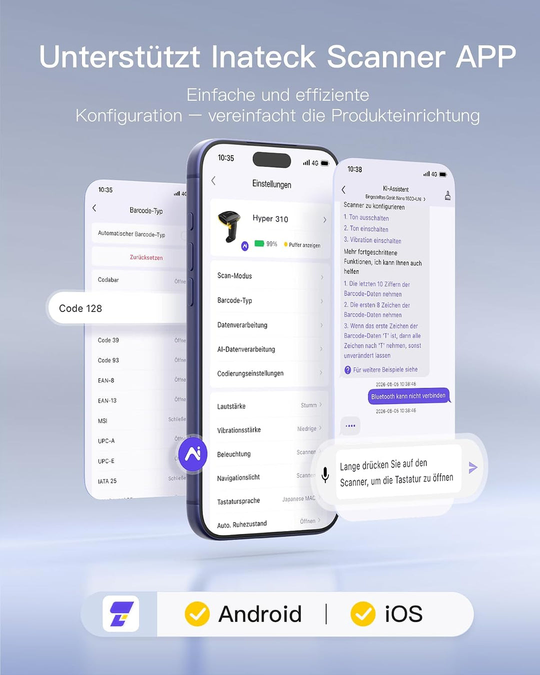 Inateck Barcode Scanner Bluetooth 1D mit Display