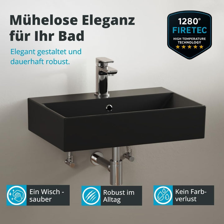 Aqua Bagno | Eckiges Design Waschbecken mit dünnem Rand, Trendfarbe schwarz matt, hochwertige Kerami