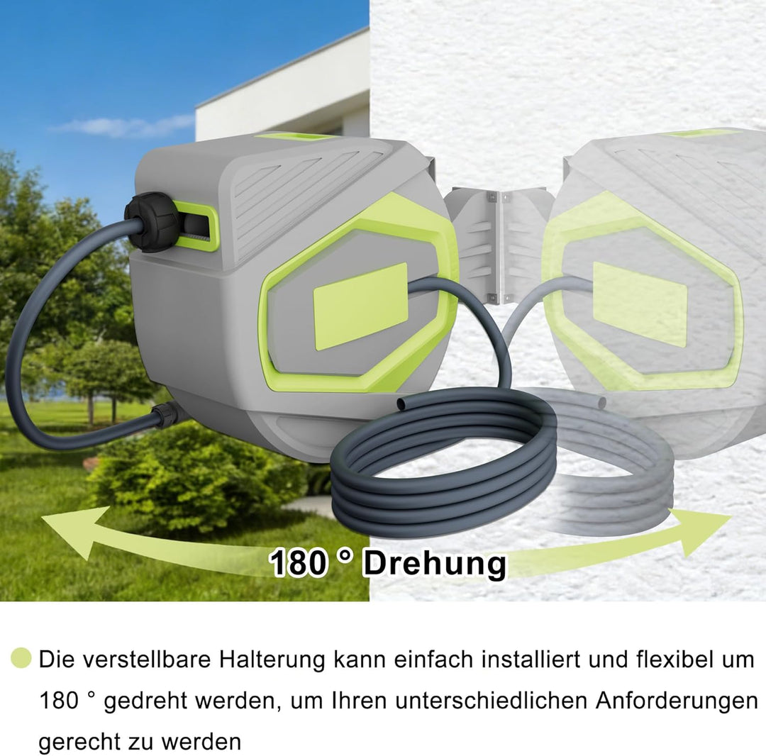 LZQ Gartenschlauch Aufroller 28+2m, Schlauchtrommel mit 10 Funktionen Handbrause & 180° Schwenkhalte