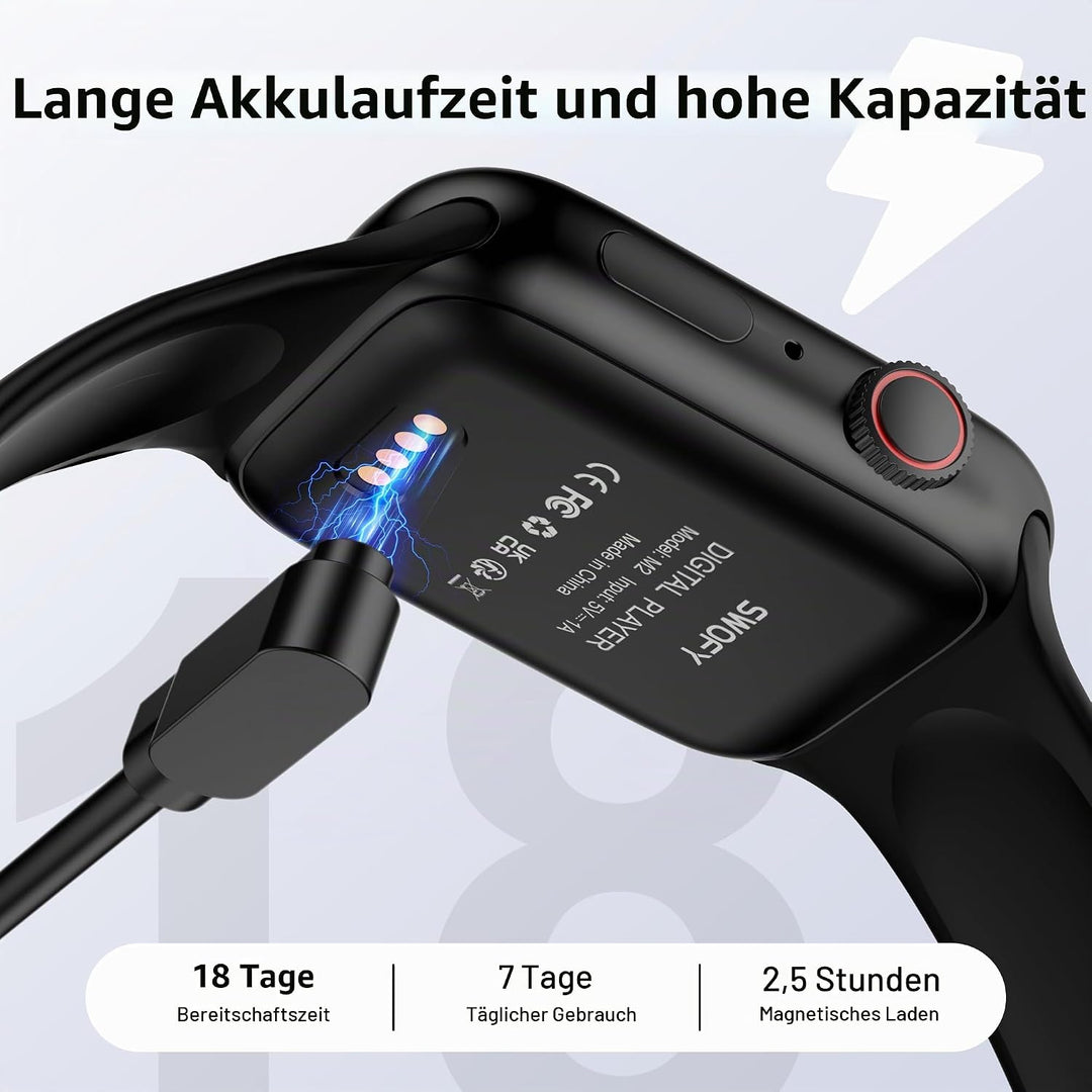 SWOFY MP3-Player – 32GB Speicher + Bluetooth 5.3, Touchscreen + HiFi-Aufnahme, Fitness-Tracker für S