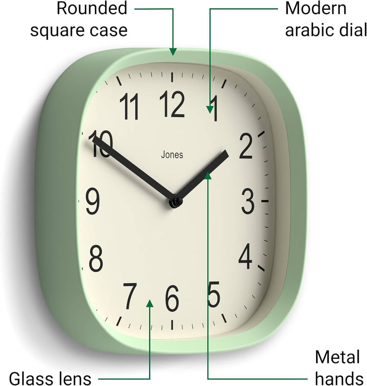 JONES CLOCKS Quadratische Retro-Wanduhr aus hochwertigem Acryl, 'Sprite' in Mintgrün, 25 x 25 x 5 cm