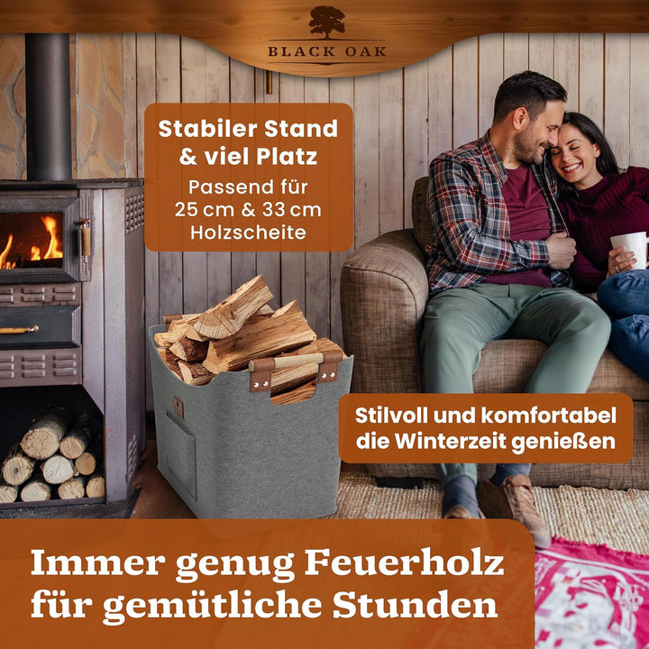 BLACK OAK Montana XL 60L Filzkorb &amp; Holzkorb für Kaminholz - Leder Applikation + rutschfeste Griffe