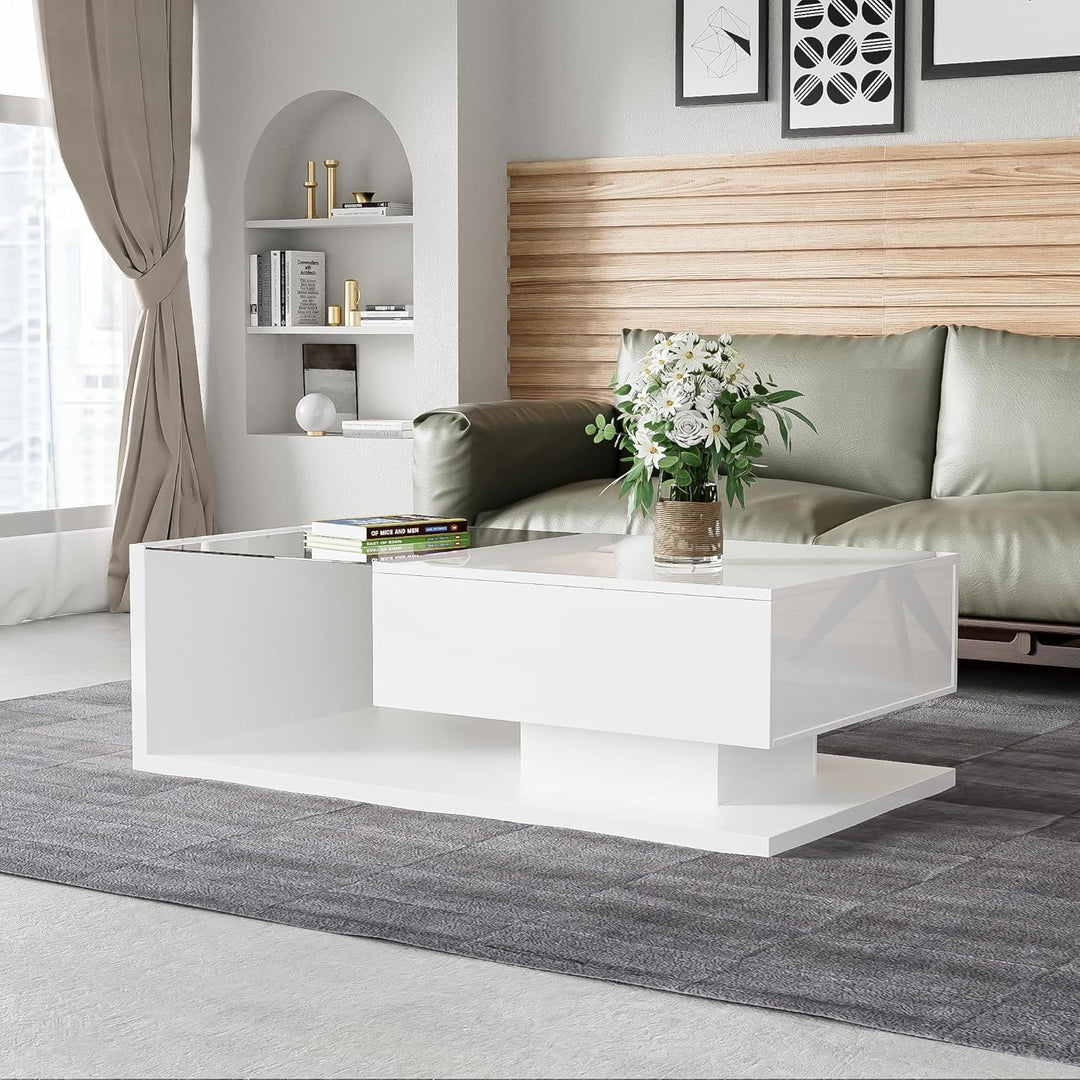 Merax Wohnzimmertisch, LED Couchtisch mit Schubladen, Hochglanz Kaffeetisch mit Stauraum, Modern Cof