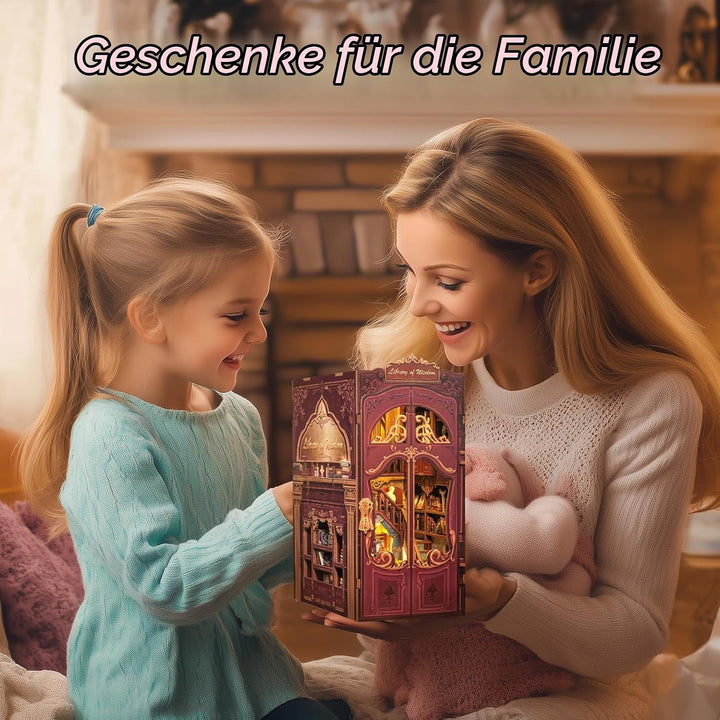 Fsolis DIY Book Nook,Puppenhaus Miniatur Haus Kit mit Holz Möbeln und LED-Licht,Bücherecke Bücherreg