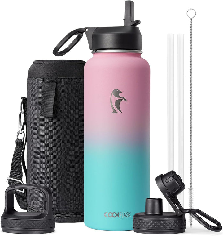 Isolierte Wasserflasche mit Strohhalm und 3 Deckeln, Coolflask Edelstahl-Metallflasche, breite Öffnu