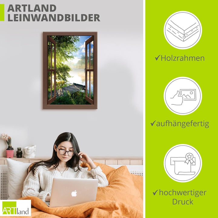 Artland Leinwandbild Wandbild Bild Leinwand 50x70 cm Wanddeko Fensterblick Fenster Landschaft Wald N