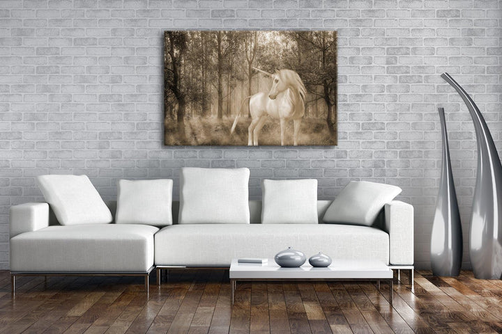 deyoli edles Einhorn im Wald Format: 80x60 Effekt: Sepia als Leinwand, Motiv fertig gerahmt auf Echt