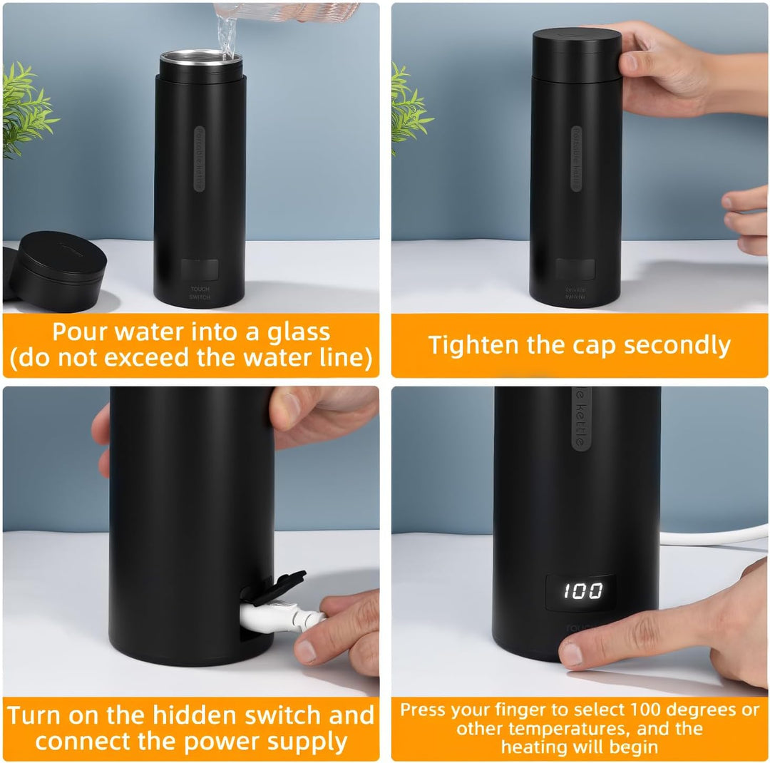 380ML Kleiner Tragbarer Wasserkocher, 3 in 1 Mini Elektrische Wassertasse mit Temperatureinstellung,