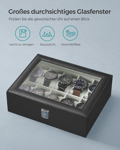 SONGMICS Uhrenbox mit 10 Fächern, Uhrenkasten mit Glasdeckel, Uhrenkoffer mit Herausnehmbaren Uhrenk