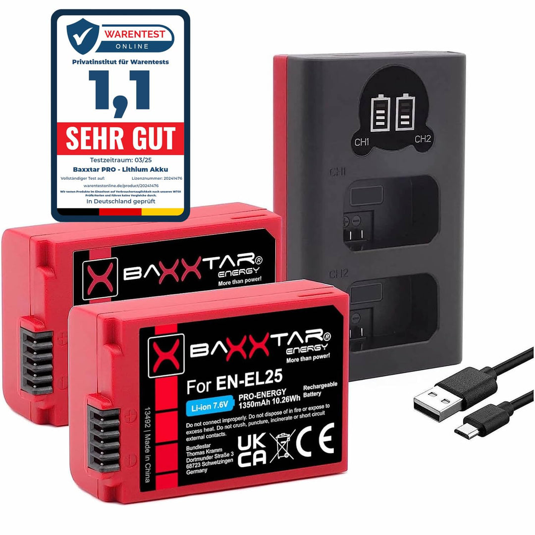 Baxxtar Pro EN-EL25 Kamera-Akku Pack 1350mAh / mit aktivem NTC-Sensor/und Ladegerät Mini LCD DUAL (E