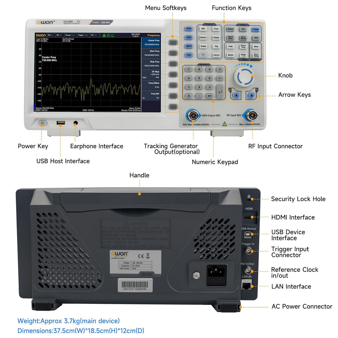 OWON XSA805-TG 9-Zoll-LCD-Spektrumanalysator mit Tracking-Generator, Frequenzbereich 9 kHz bis 500 M