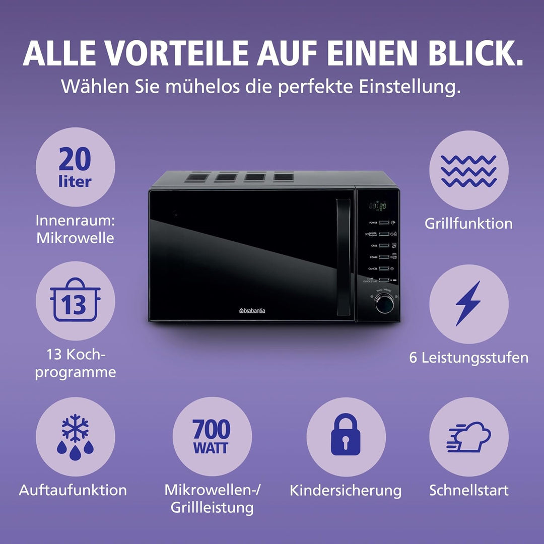 Brabantia Mikrowelle mit Grillfunktion, 20 Liter, 700W, Freistehend, 13 Automatikprogramme, 6 Leistu