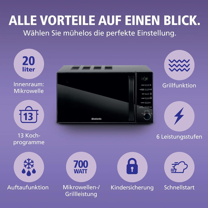 Brabantia Mikrowelle mit Grillfunktion, 20 Liter, 700W, Freistehend, 13 Automatikprogramme, 6 Leistu