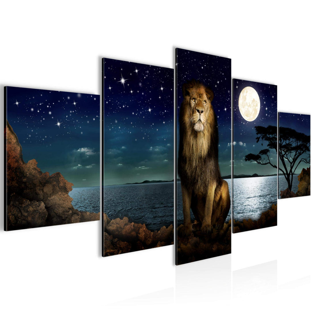 Runa Art Bild Wohnzimmer Schlafzimmer Afrika Löwe 5 Teilig Nachthimmel Mond Blau Wandbilder auf Vlie