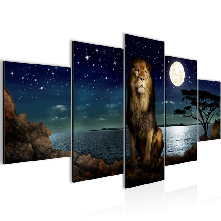Runa Art Bild Wohnzimmer Schlafzimmer Afrika Löwe 5 Teilig Nachthimmel Mond Blau Wandbilder auf Vlie