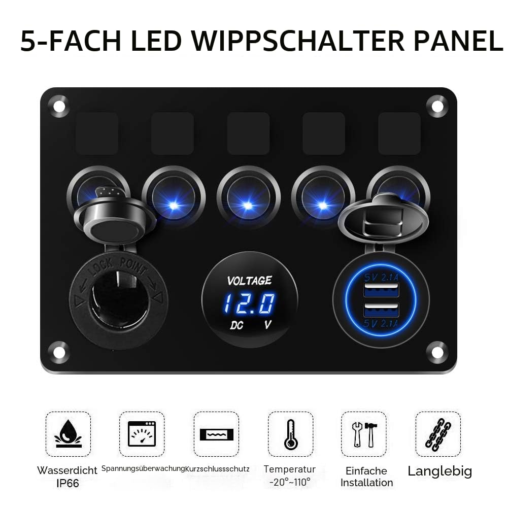 KAOLAI Schalter Panel 12V/24V 4.2A IP65 Wasserdicht Schalter Panel 12V Camper Dual-USB-Ladegerät LED