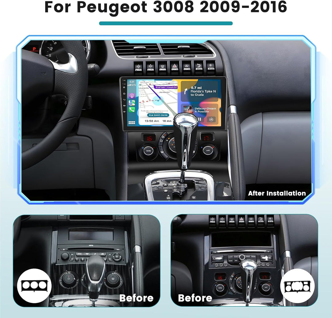 Hikity 2G 64G Android 15 Autoradio Für Peugeot 3008 2009-2015 mit Wireless Carplay Android Auto,9 Zo