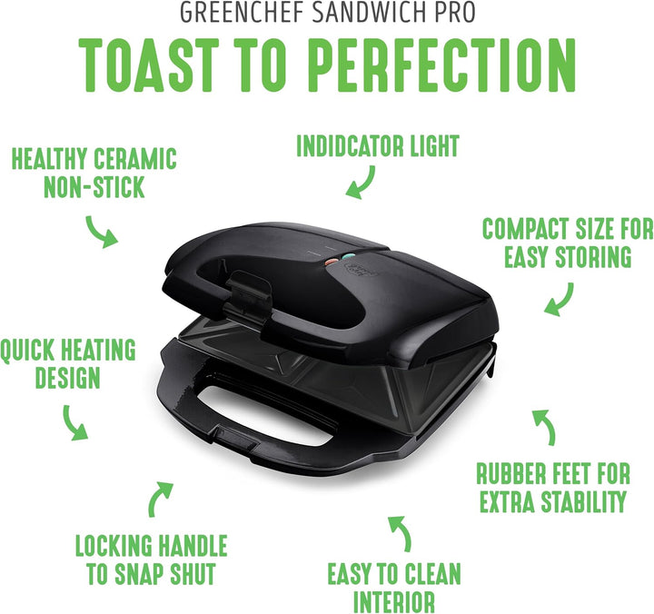 GreenChef Electric Sandwichmaker, PFAS-freie Gesunde Keramik-Antihaft, Panini, Sandwichtoasts, Grill