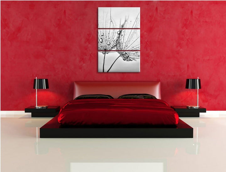 Pixxprint Monocrome, Pusteblumen mit Tautropfen 3-Teiler Leinwandbild 120x80 Bild auf Leinwand