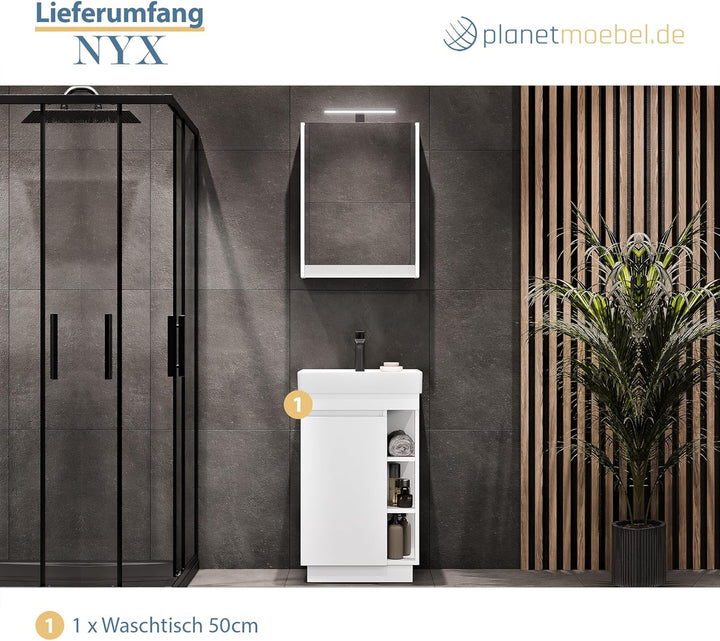 Planetmöbel Nyx Badmöbel Waschtisch mit Unterschrank 50 x 85,9 x 42 cm weiss, Badezimmermöbel für Gä