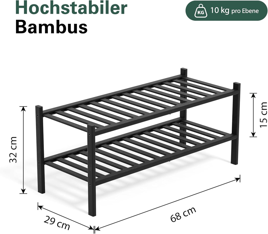Schuhregal aus Bambus, Schuhablage mit 2 Ebenen, 68 x 28 x 32 cm, Erweiterbar Stapelbar, Schuhschran