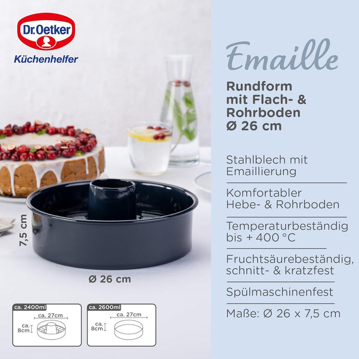 Dr. Oetker Garantieform Ø 26 cm Back-Liebe Emaille mit Flachboden und Rohrboden – Runde Ring-Backfor