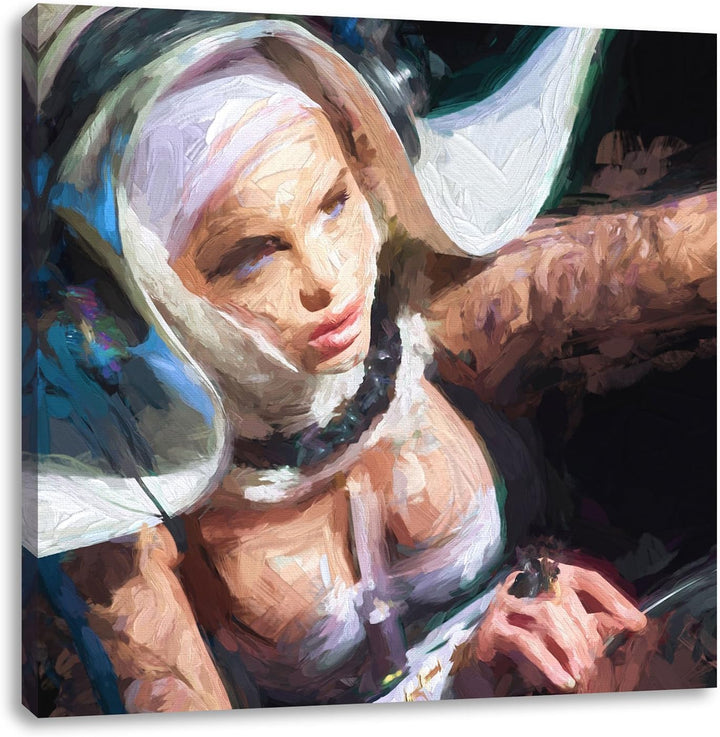 Pixxprint Tätowierte DJ Frau Pinsel Effekt, Format: 70x70 auf Leinwand, riesige Bilder fertig gerahm