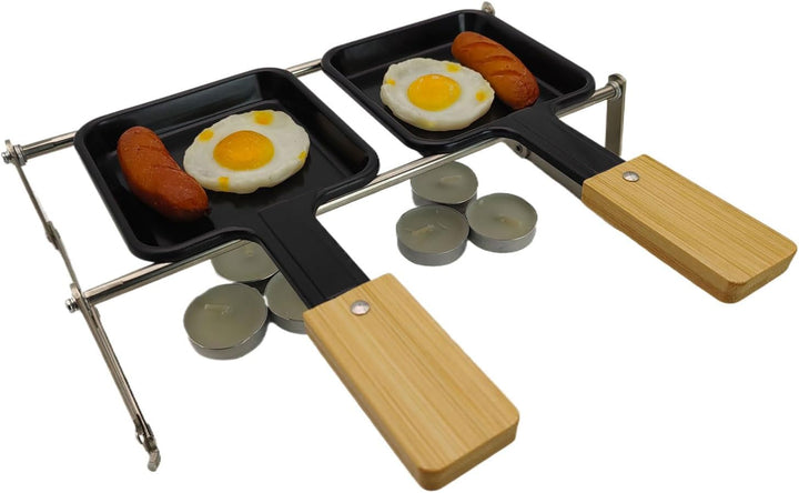 Tragbares Mini Raclette Set für 2 Personen, 2 Antihaft Pfännchen mit Bambusgriff, 2 Bambusspatel, Kl