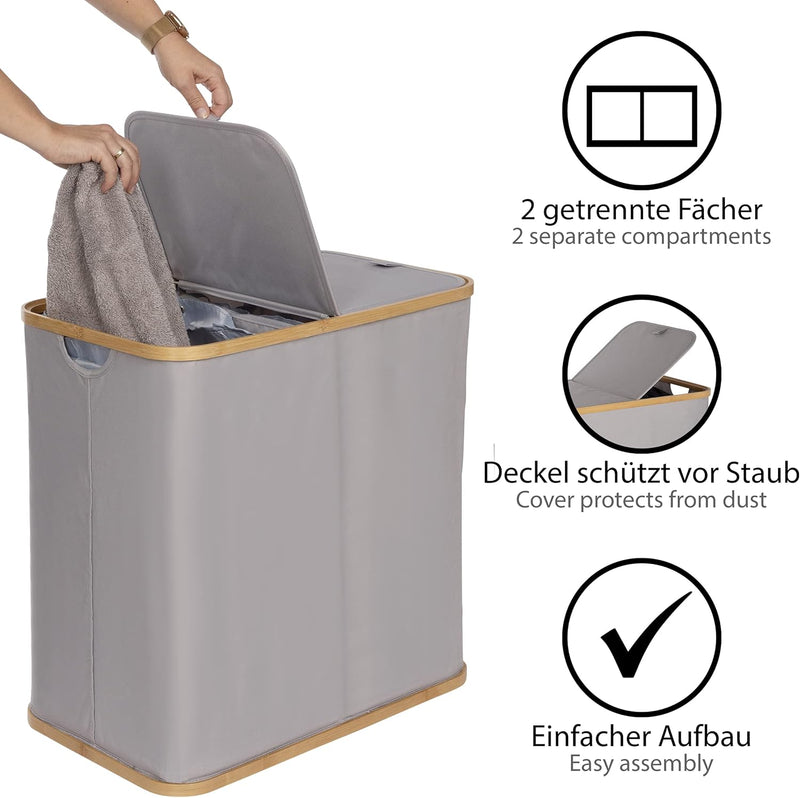 ONVAYA® Wäschekorb mit Deckel | 2 Fächer 100L | Grau | Wäschesammler fürs Badezimmer | Wäschetruhe a