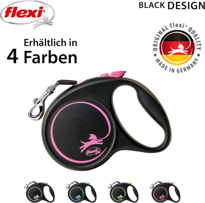 flexi® Black Design M | 5m Gurt Roll-Leine für Hunde bis 25 kg | schwarz/pink | ausziehbare Hundelei