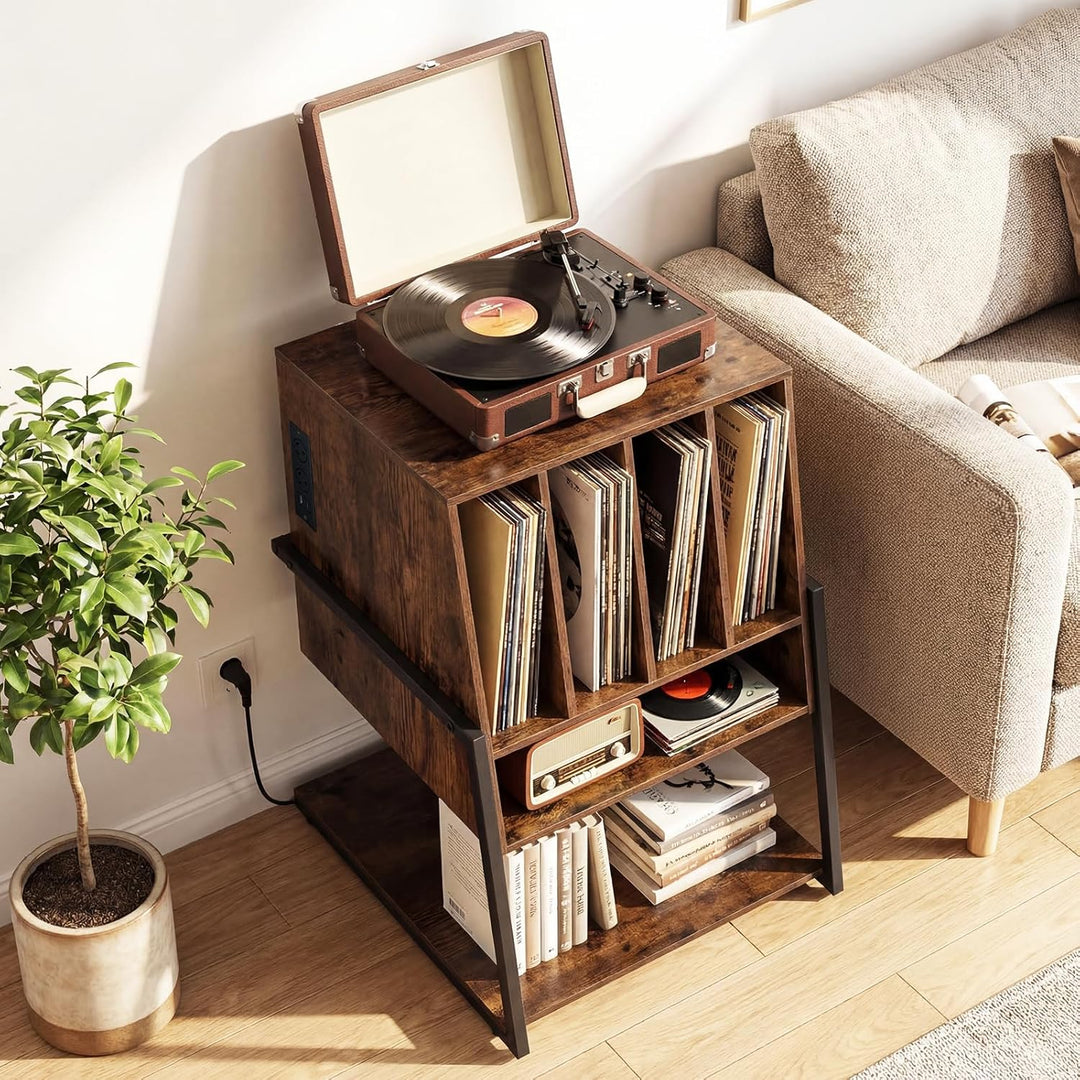COSTWAY Plattenspielerständer, Vinyl Schallplattentisch mit Ladestation, breite Tischplatte, 4 Trenn