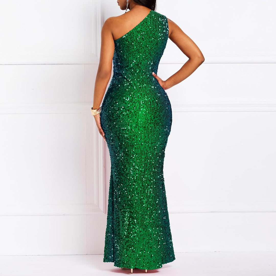 VERWIN Pailletten-Maxikleid für Damen, ärmellos, schräger Kragen, figurbetontes Kleid, Partykleid L
