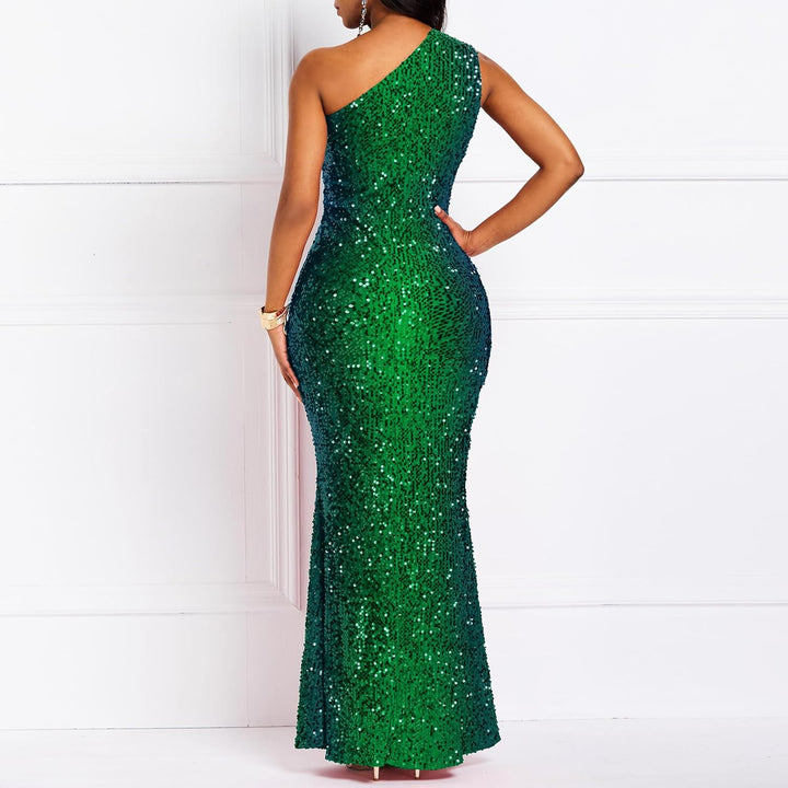 VERWIN Pailletten-Maxikleid für Damen, ärmellos, schräger Kragen, figurbetontes Kleid, Partykleid L