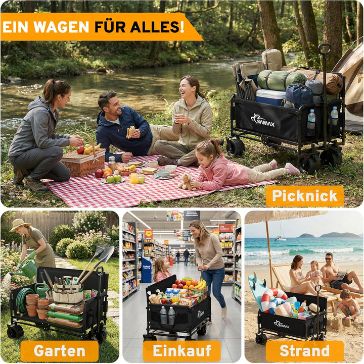 SAMAX Bollerwagen bis 200kg - 2in1 mit Bank - Faltbarer Handwagen Gartenwagen Strandwagen - Klappbar