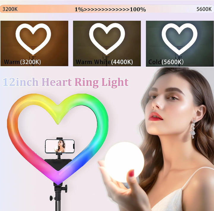 Ringlicht in Herzform, 30,5 cm (12 Zoll), RGB, LED, Herzform, mit Handyhalterung für Live-Stream/Mak