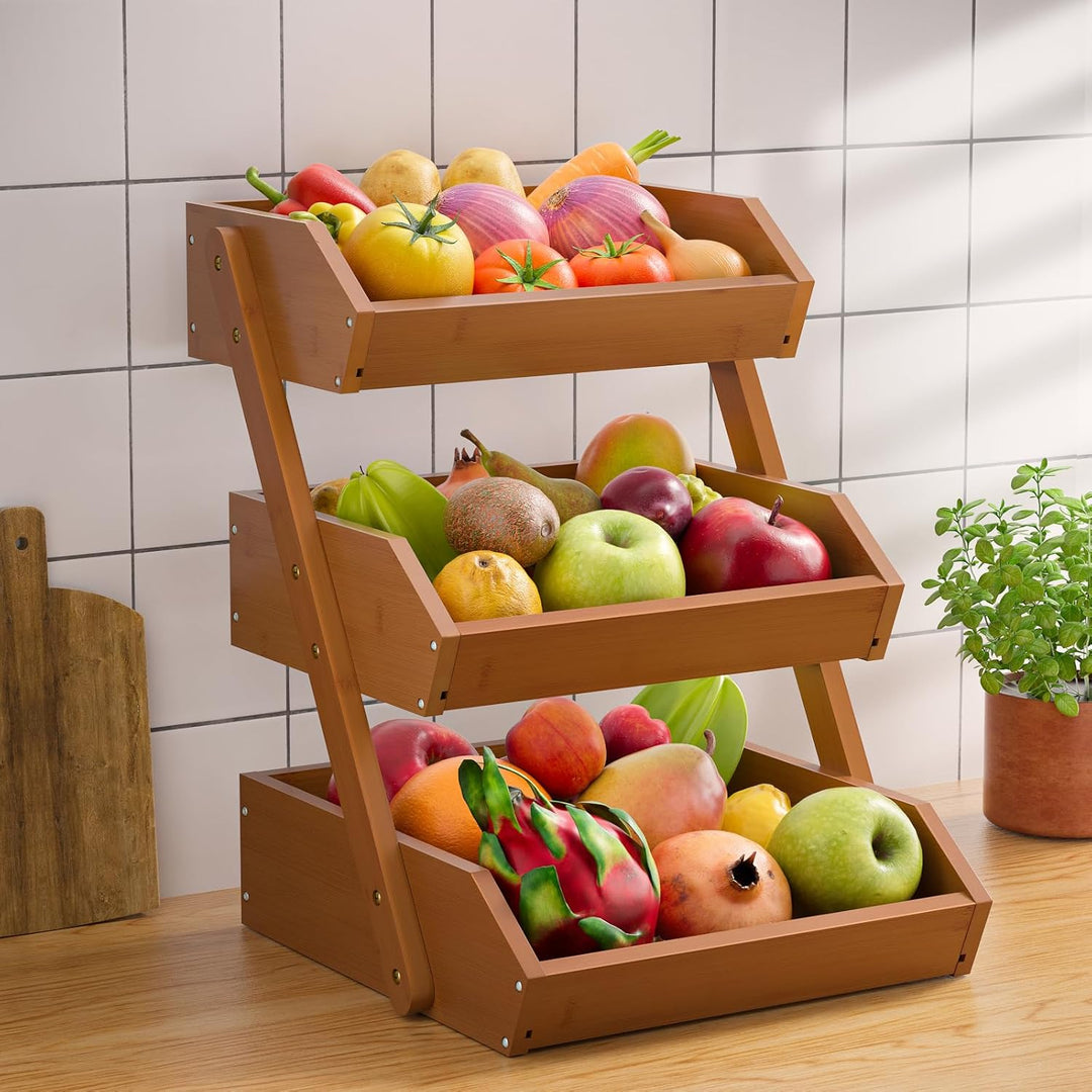 Obstkorb Bambus, 3-stufiger Obst und Gemüse Aufbewahrung Obstschale, Perfekt für Küchenarbeitsplatte